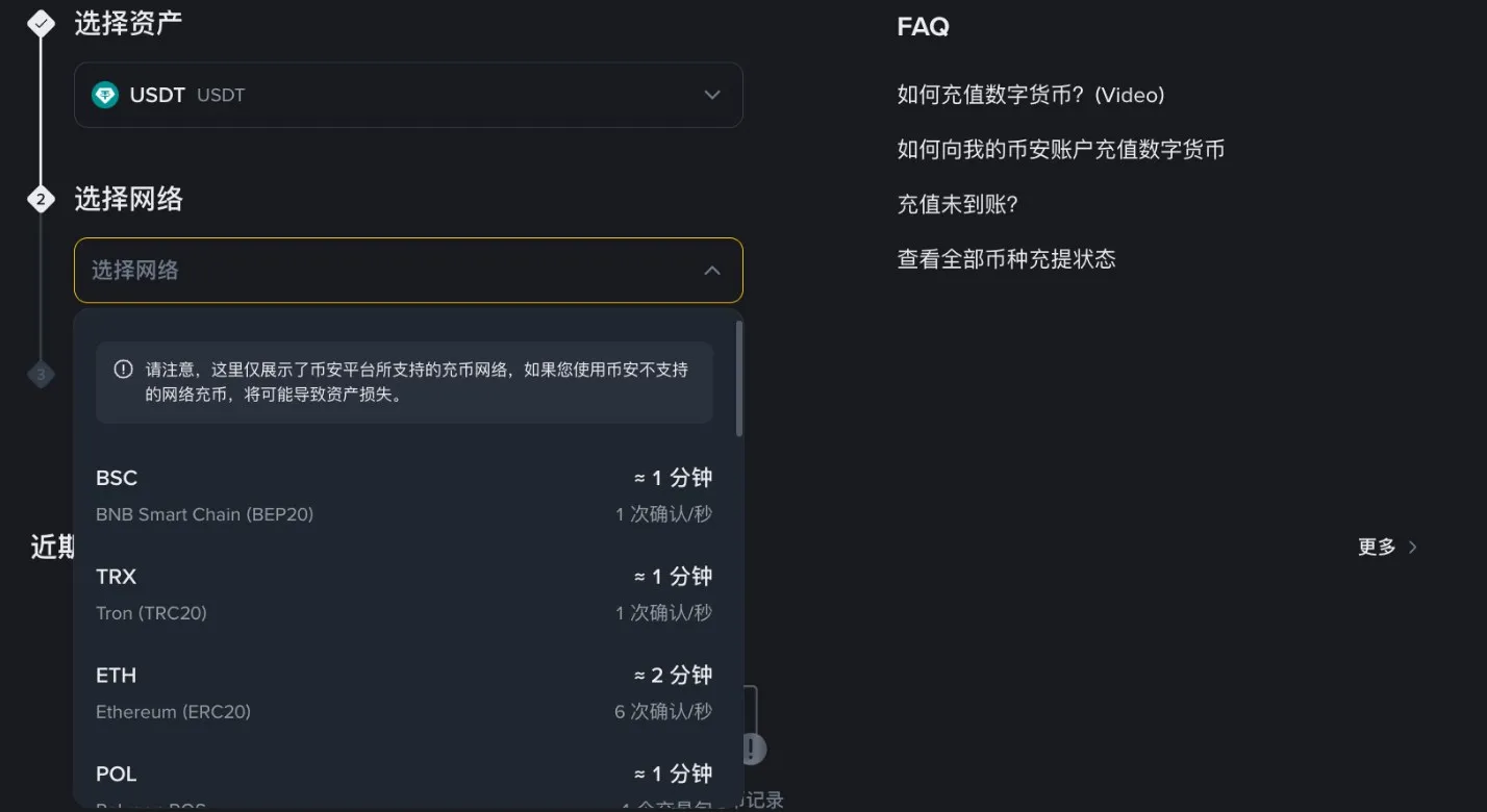 币安 USDT 充值网络列表:BNB Smart Chain BEP20、Tron TRC20、Ethereum ERC20、Polygon 的到账时间