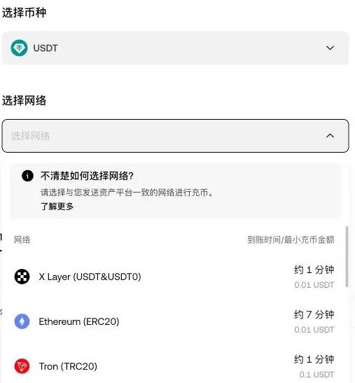 欧易 OKX 充币选择网络:X Layer、Ethereum ERC20、Tron TRC20 的到账时间与最小充币金额